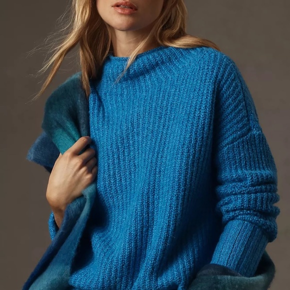 NWT Anthropologie Maeve Blue Margaret Mock Neck Chunky Oversized Sweater L - Picture 4 of 9